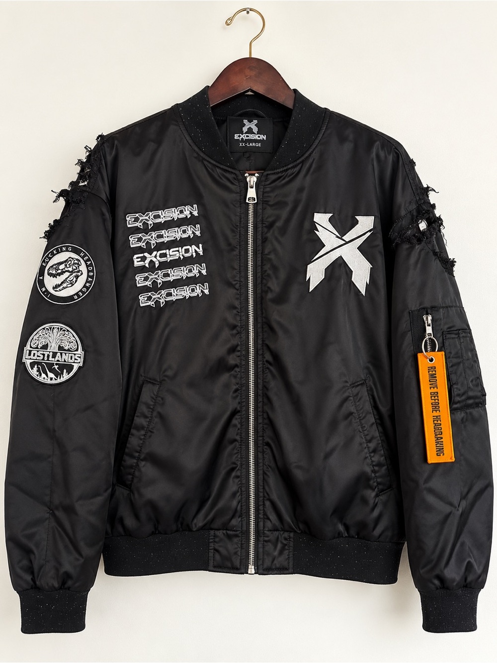 Excision XXL Black Bomber Jacket Lost Lands EDM Headbanger Rave DISTRESSED